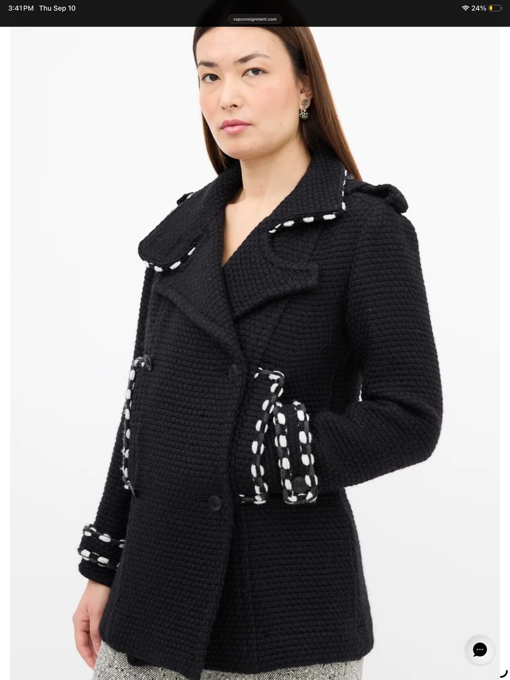 CHANEL Black Textured Knit Double-Breasted Pea Coat with White Contrast Trim